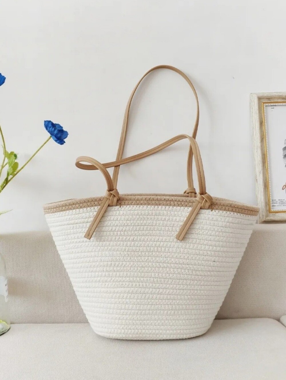 NWT Large Cream Woven Tote Bag Tan Faux Leather Handles Beach Summer Boho